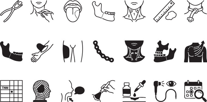 Head and neck surgery medical icons set featuring oral oncology dental implants speech therapy thyroid examination tracheostomy and clinical diagnostic illustrations