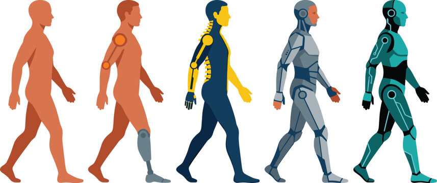 Human Evolution to Cyborg Transformation Illustration with Prosthetic Enhancement, Robotics Integration, and Futuristic Transhumanism Vector Concept Elements