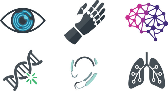 Biomedical Technology and Futuristic Healthcare Illustration Set with Digital Eye, Prosthetic Hand, DNA Editing, Smart Lungs, and Medical Vector Elements