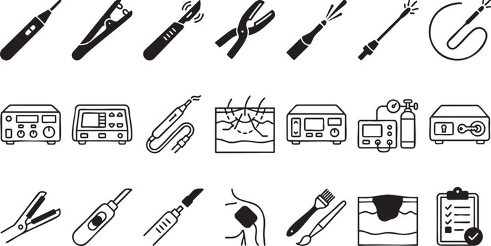 Set of medical surgical equipment icons featuring diverse cautery devices and electrosurgical units for professional clinical and diagnostic healthcare procedures