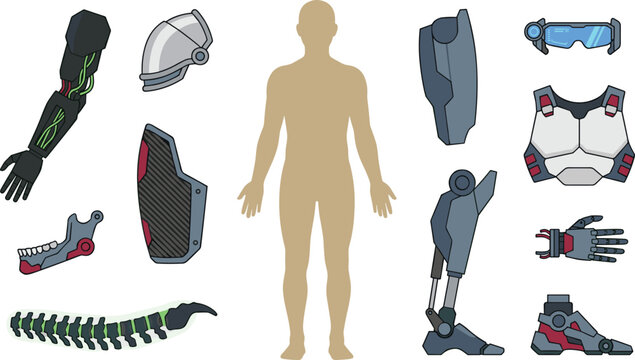Futuristic Prosthetic and Cybernetic Body Parts Illustration Set with Bionic Limbs, Armor Components, and Human Enhancement Vector Elements