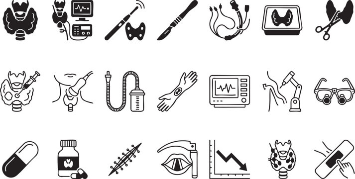 Comprehensive collection of thyroid gland medical diagnostics icons displaying endocrine health assessment ultrasound surgery and related laboratory test symbols