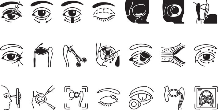 Ophthalmology and eye surgery icons set showing surgical procedures ocular anatomy vision correction instruments eyelid lifting and diagnostic medical illustrations