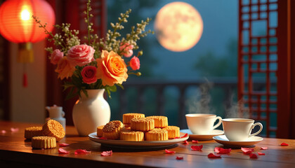 Obraz premium Mid-Autumn Festival tradition mooncakes on plate with tea cups and roses. Red lantern glows with full moon outside window. Cozy home scene celebrates Chinese culture and family reunion.