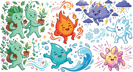 Obraz premium Cute Chibi Elemental Nature Spirit Vector Set Featuring Kawaii Magic Earth Fire Water Storm Ice and Crystal Characters for Fantasy Branding