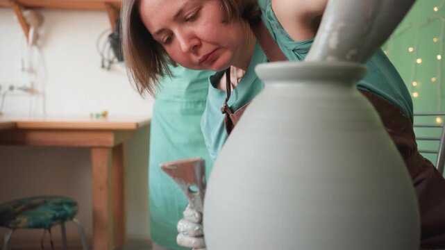 Woman shaping vase pottery workshop, intense focus and steady hands on spinning wheel, smoothing rim with tool, closeup on vessel silhouette and clay texture, apron and gloves visible, studio table