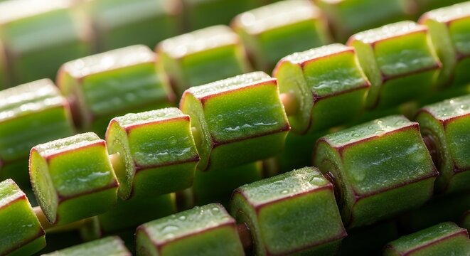 A close-up shot of fresh cissus quadrangularis stem segments strung together, highlighting the botanical texture and natural green details of the plant