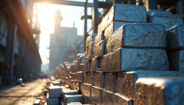 Stacks of shiny metal ingots outdoors in bright sunlight. Industrial raw material piled up in a large quantity. Heavy industrial production and storage.