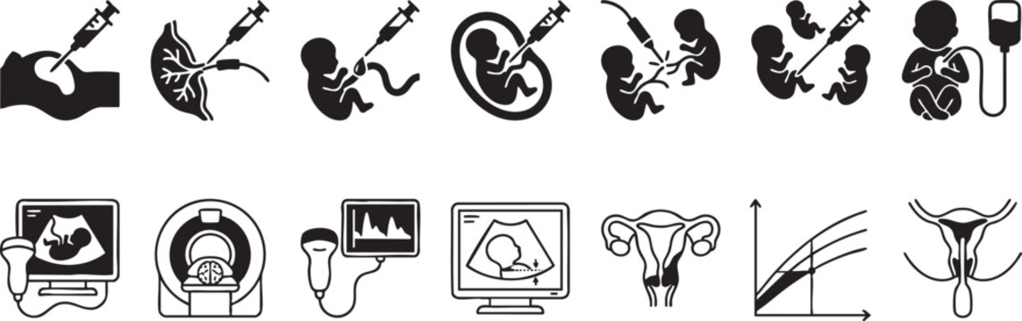 Reproductive medicine and pregnancy procedures in silhouette style set on transparent background, symbolizing fertility and prenatal care