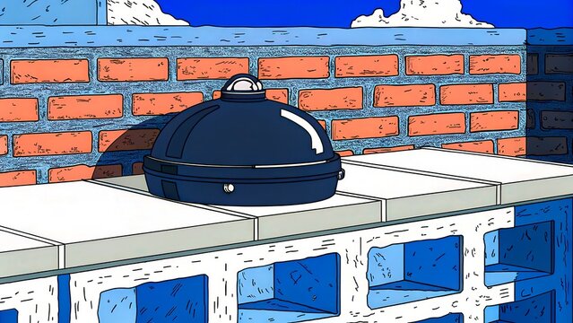 Black cooking pot on a stone surface with a brick wall and blue sky in the background