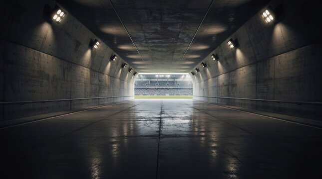 Stadium Tunnel Leading to a Lit Sports Field