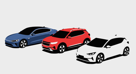 Fototapeta premium Three modern cars vector illustration in red blue and white on white