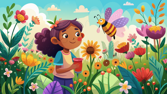 Very beautiful child observing gentle bees among colorful garden flowers, discovering pollination and biodiversity while enjoying a bright spring day filled with learning and natural wonder.