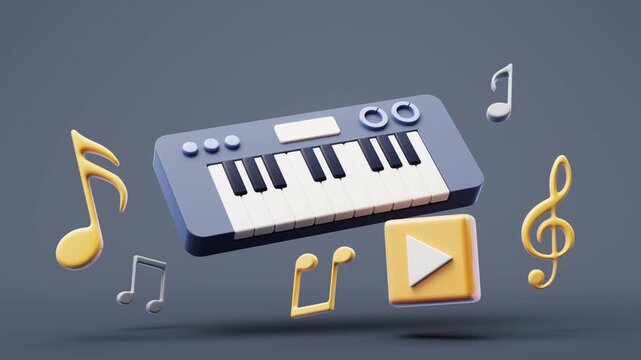 Minimalistic 3d rendering of music keyboard with floating musical notes and media player icon on a dark background.