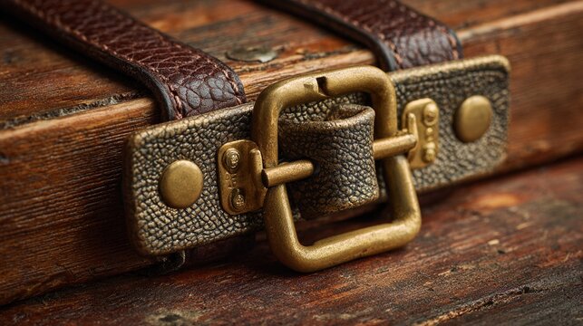 hasp. A heavy brass hasp fastened on the leather strap of an aged wooden crate. real-estate listings, architecture portfolios, designed for interior renovation comparisons for interiors.
