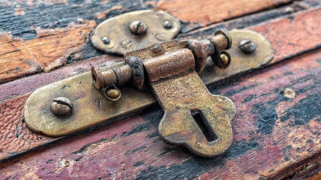 hasp. A heavy brass hasp fastened on the leather strap of an aged wooden crate. real-estate listings, architecture portfolios, designed for interior renovation comparisons for interiors.