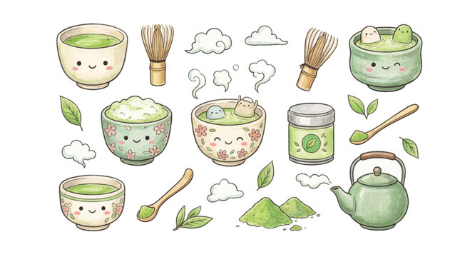Cute Kawaii Matcha Tea Set Illustration with Whisk and Teapot.