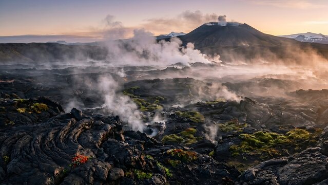 Breathtaking scenery of a volcanic plateau with geothermal mist rising from the rugged rocky terrain, atmospheric and raw primal earth landscape, high resolution professional nature photography.
