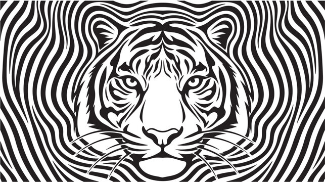 Tiger face emerges from a disorienting background of swirling black and white wavy lines.