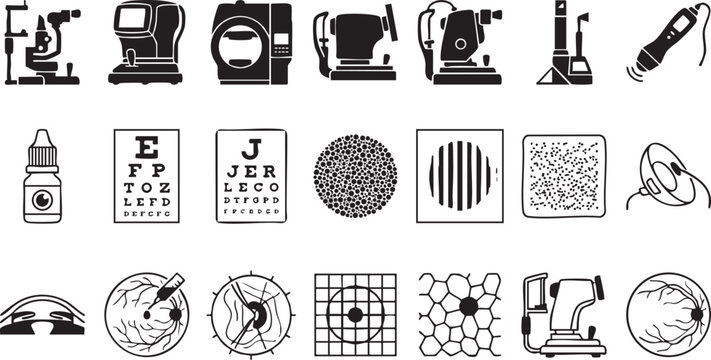 Ophthalmology and eye care icons representing vision testing diagnostic equipment and eye anatomy on transparent background