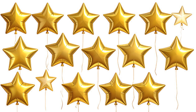 Collection of golden star-shaped foil balloons scattered on a transparent background, celebrating success and achievement, perfect for party decorations