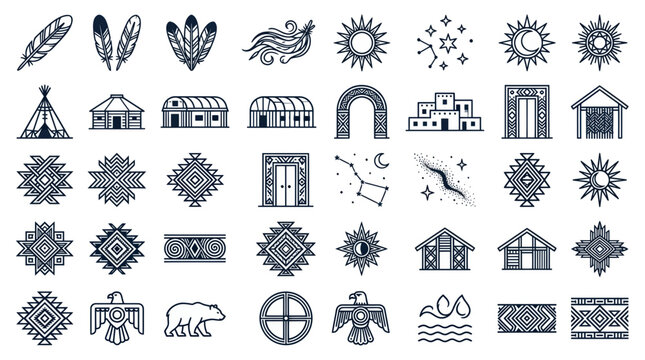 Native American Icons: Feathers, Sun, Teepee, Bear, Eagle, Constellations, Patterns