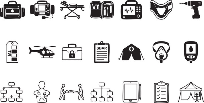 Emergency medical service icons vector set featuring first aid kits hospital equipment ambulance supplies trauma care communication tools and triage procedures