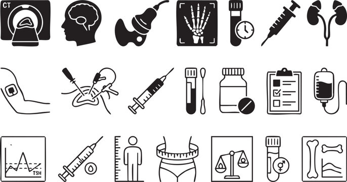 Clinical diagnostics and radiology icons vector set depicting ct scan imaging brain ultrasound skeletal analysis blood tests medication intravenous drip treatment