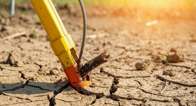 Profile side view of a specialized surveyor's cable cleanly cut resting in dry cracked earth.