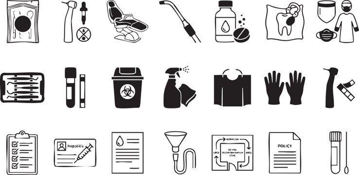 Medical and dental clinic supplies and safety equipment icons on transparent background for healthcare