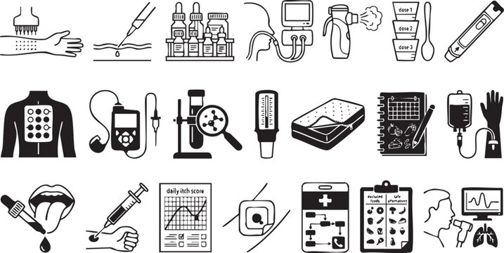 Medical allergy testing and diagnosis icon set featuring skin prick test patch testing blood analysis respiratory function monitoring and medication administration
