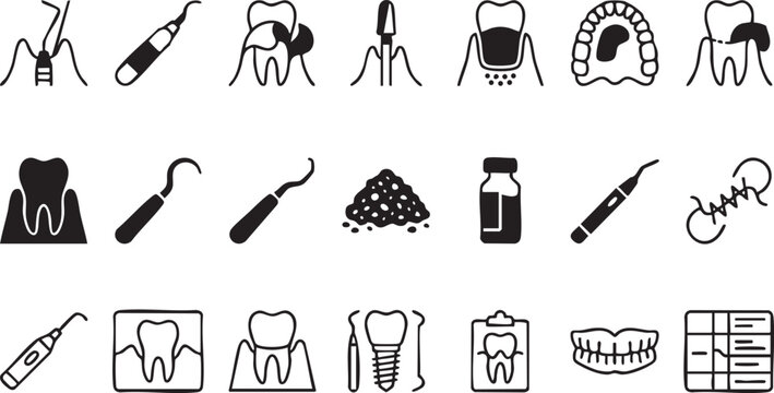 Dental care and orthodontic procedure icon set featuring tools for teeth cleaning cavity restoration dental implants and oral hygiene examination requirements