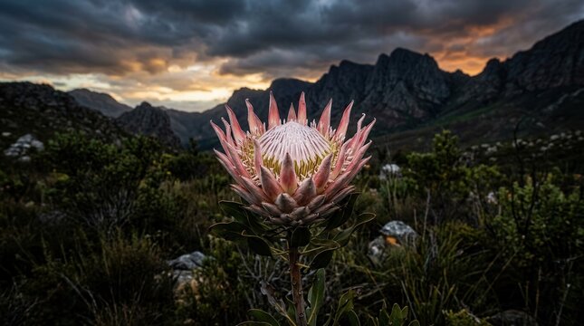 King Protea Flower Majestic Bloom in Dramatic Mountain Landscape at Sunset.