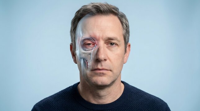 Man showing a digital overlay of skull anatomy on his right side of the face in a clinical setting to demonstrate facial bone structure and medical diagnostics for educational professional purposes.