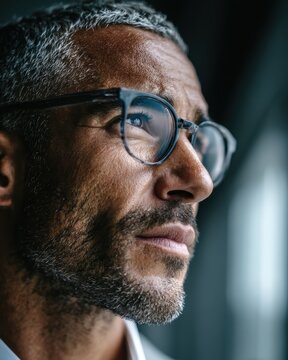Close-up portrait of ambitious entrepreneur gazing forward with visionary expression in modern office with city view representing future planning innovation strategic thinking and bold leadership
