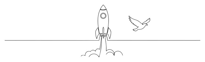 Fototapeta premium rocket launch with flying bird in minimalist line art style