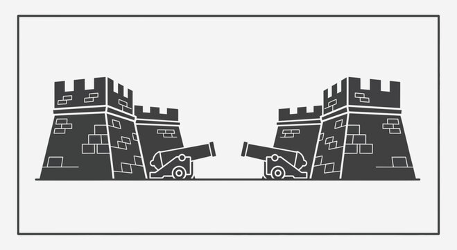 Fortress Walls with Cannons Facing Each Other, Symbolizing Conflict and Defense