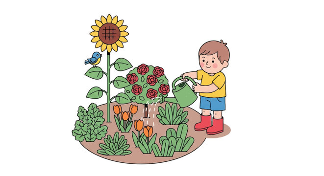 Child watering a colorful vegetable and flower garden patch in a backyard.