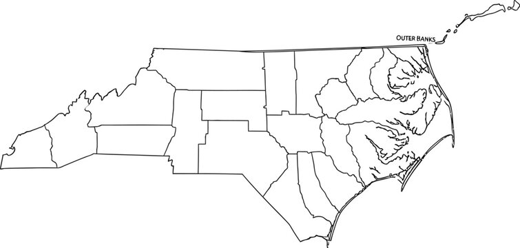 Black and white outline map of north carolina state with regional county borders and outer banks