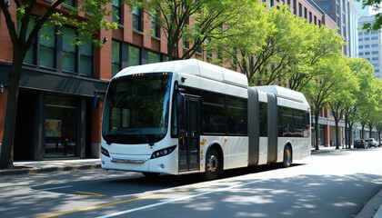 Obraz premium White articulated bus travels on a tree lined city street past modern buildings. Public transit vehicle navigates urban road during daytime. Commuters use bus for daily travel.