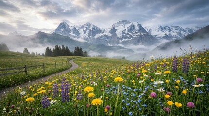 Fototapeta premium Majestic Alpine Meadow Bursting with Wildflowers and Snow-Capped Peaks.