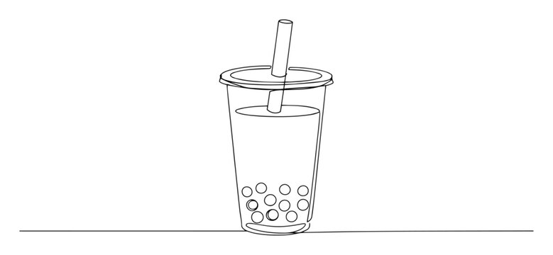 bubble tea in plastic cup with straw fine art line vector style