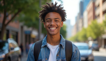 Fototapeta premium Young man with dreadlocks smiles widely on a city street. He wears a denim jacket over a white t-shirt and carries a backpack. Blurred urban background with trees and cars. Confident positive mood.