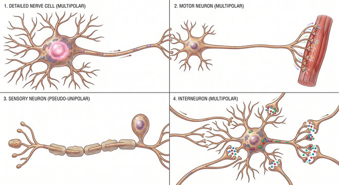 Types of Neurons: A detailed illustration showcasing four distinct types of neurons: a multipolar nerve cell, a motor neuron, a pseudounipolar sensory neuron, and an interneuron.