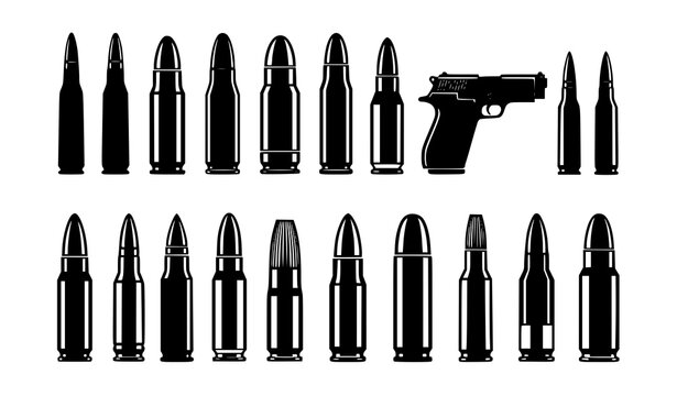 Ammunition and Handgun Vector Icons Set: Gun Bullets, Rifle Cartridges, and Pistol Firearm Graphic Assets in Solid Glyph and Silhouette Styles