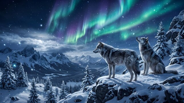 Pair of Wolves on Snowy Cliff Watching Vibrant Northern Lights in Winter Mountain Valley