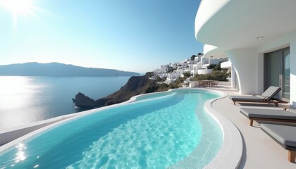Obraz premium Luxury infinity pool on white terrace overlooking Aegean sea cliffside village. Clear sky above turquoise water, sun loungers inviting relaxation and serene vacation.