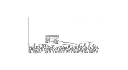 Obraz premium Vintage wooden cart in a wheat field, rural landscape, harvest season, line art illustration