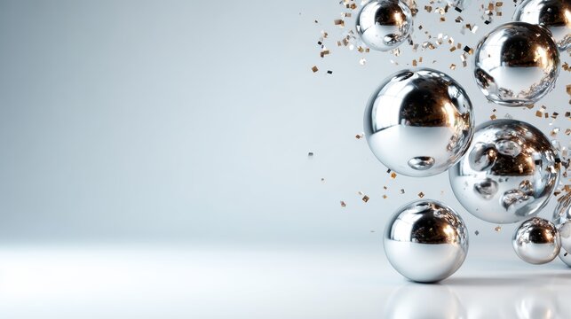 A captivating abstract image featuring shiny silver spheres surrounded by floating particles, evoking a sense of modernity and creativity amidst a clean backdrop.