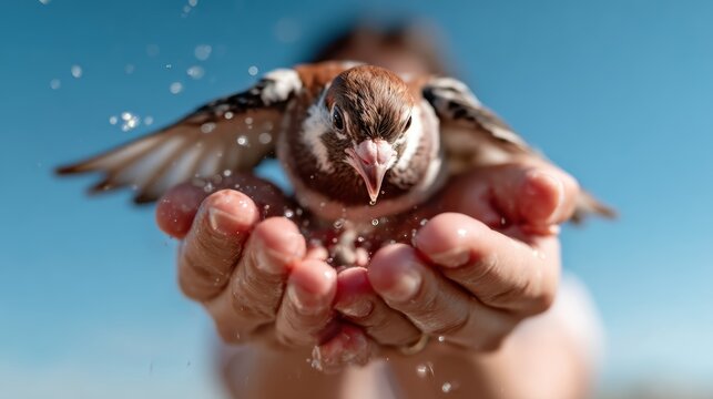 A stunning close-up captures a sparrow gracefully mid-flight, seemingly reaching for water, symbolizing freedom and the beauty of nature through human connection.